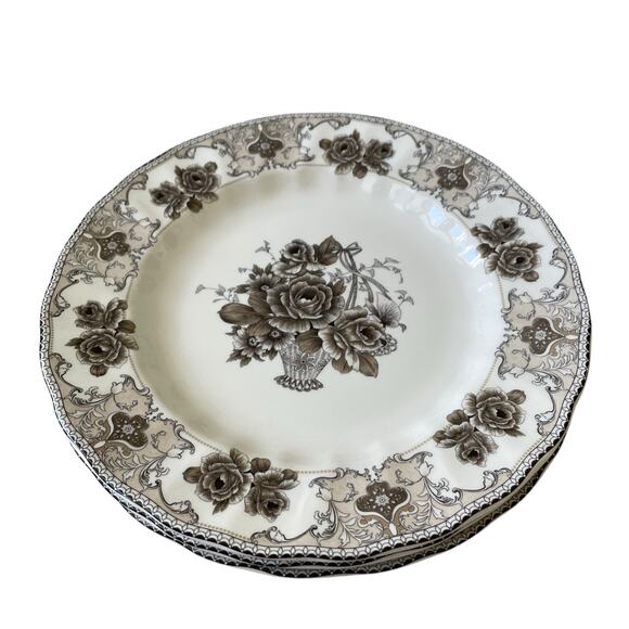 4pc Palate & Plate Victorian BROWN Rose Floral 10.5" Dinner Plates Scalloped New - Picture 5 of 15